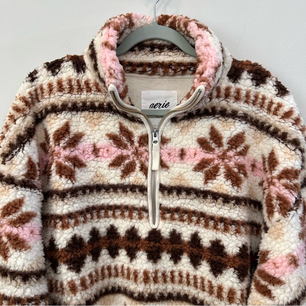 Aerie Hometown Holiday Sweatshirt Quarter Zip Sherpa Pullover Fair Isle Size M - Picture 2 of 10
